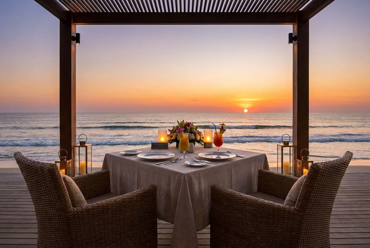 Reserved sunset dinner table at a Bali beachfront restaurant