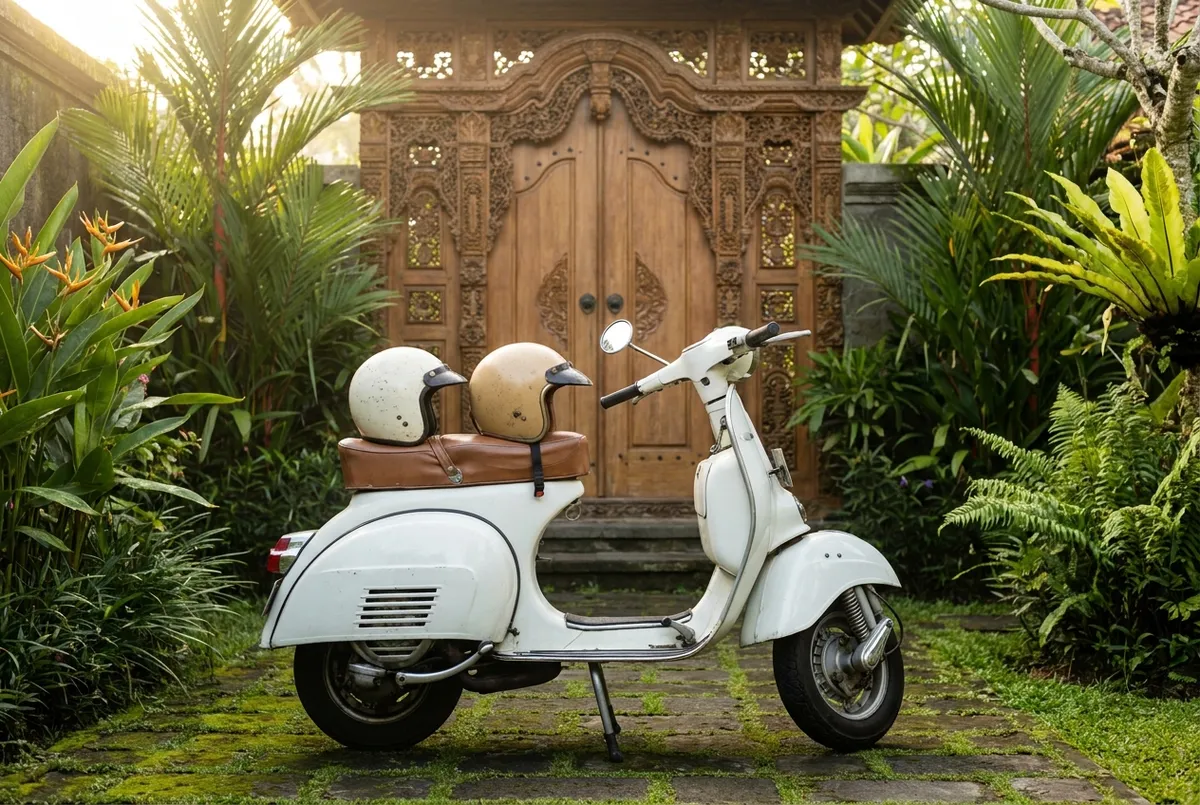 Well-maintained rental scooter delivered to a villa gate in Bali