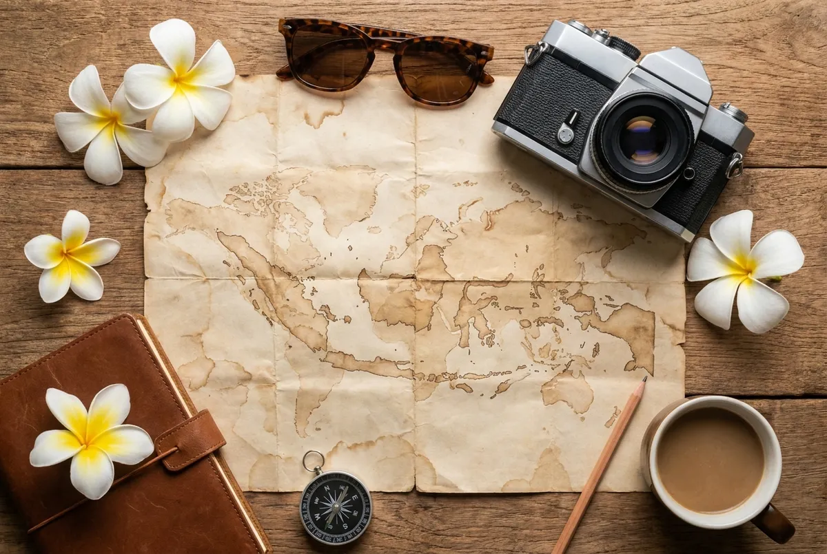 Private tour planning over a map of Bali with temple and volcano experiences